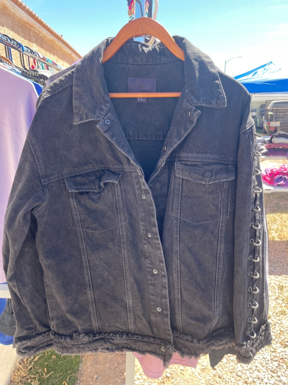 Washed Black Denim Jacket with Lace-Up Sleeve